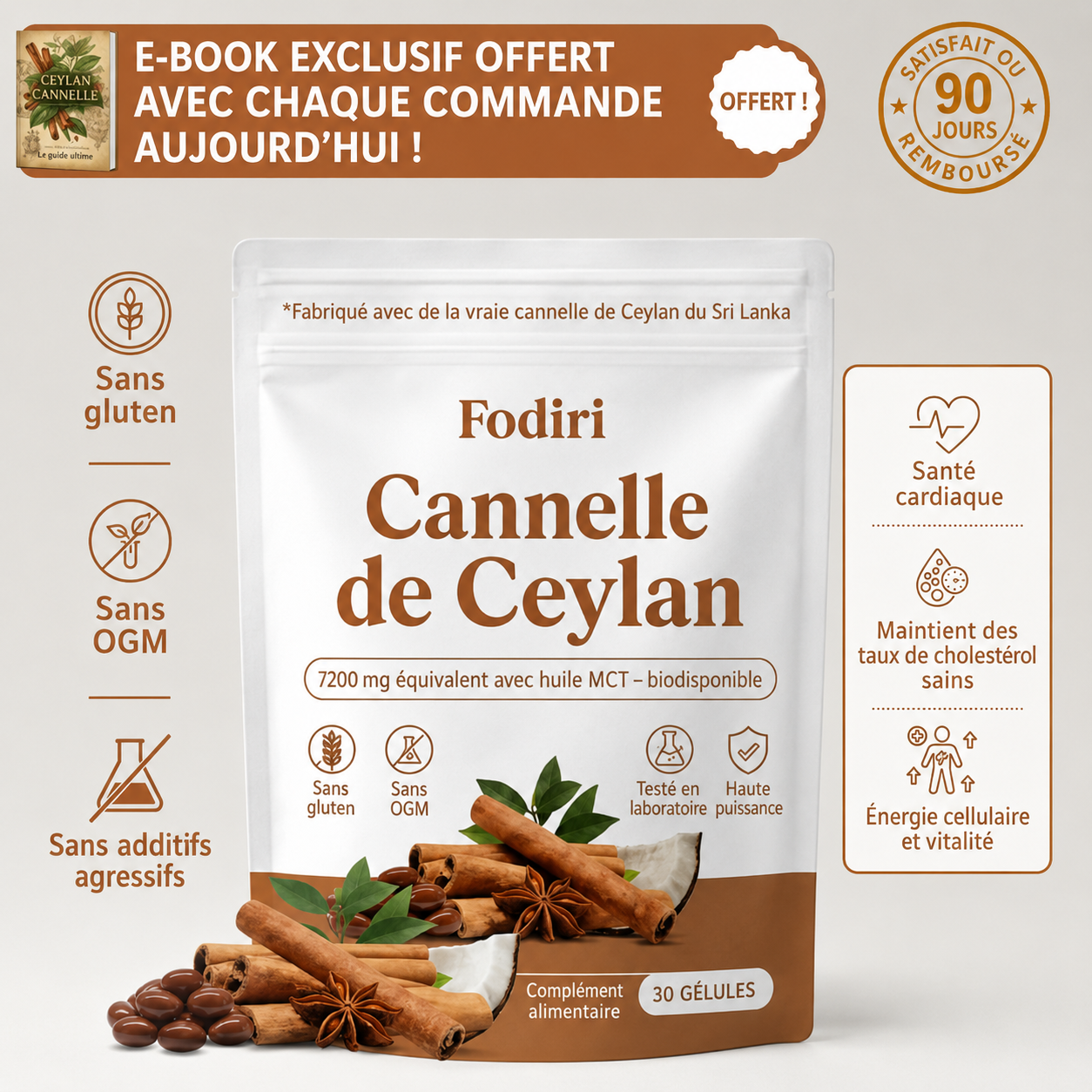 Fodiri™ Cannelle de Ceylan | Équivalent à 7 200 mg avec Huile TCM (MCT) – 30 Gélules Molles