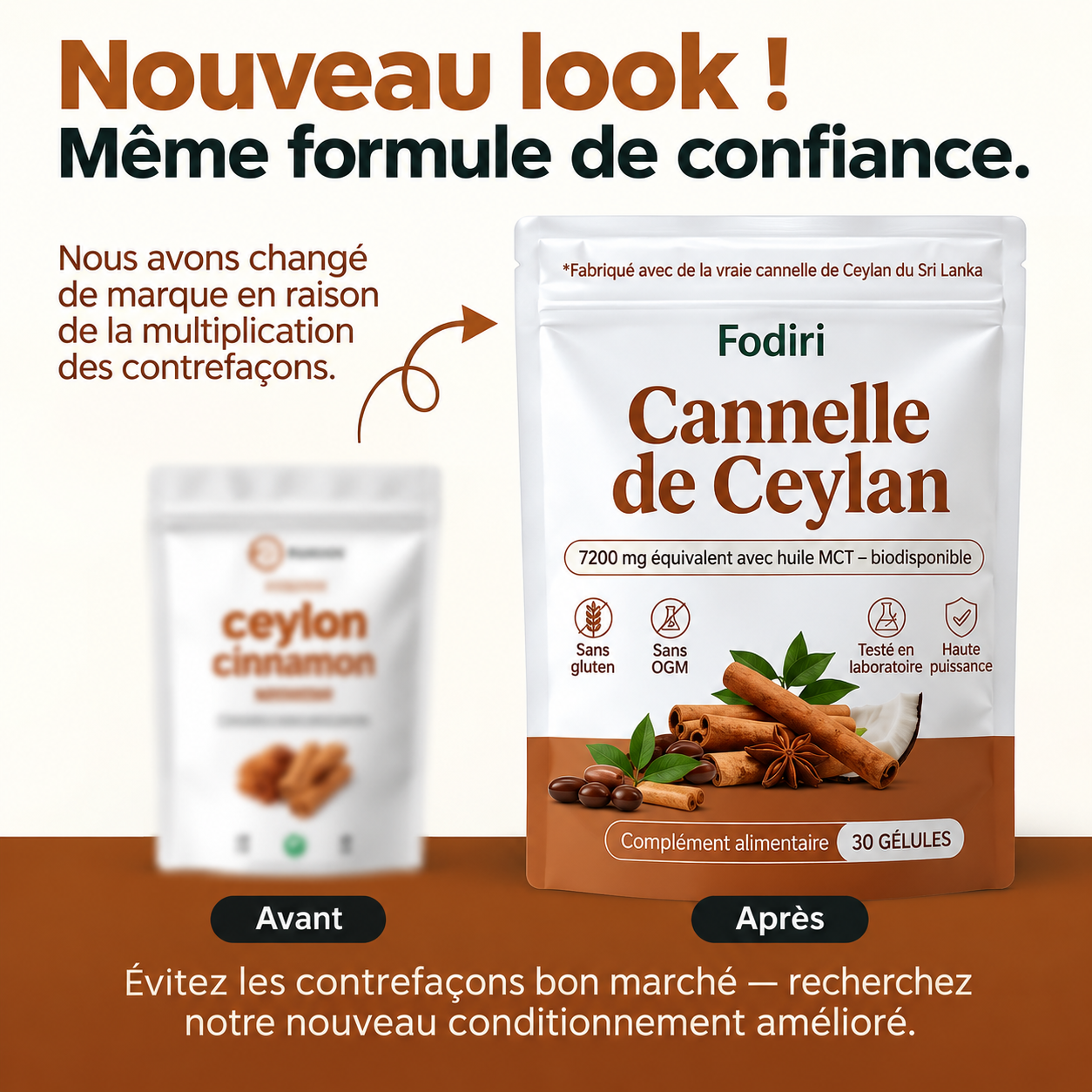 Fodiri™ Cannelle de Ceylan | Équivalent à 7 200 mg avec Huile TCM (MCT) – 30 Gélules Molles