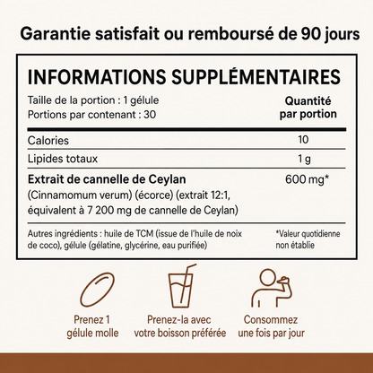 Fodiri™ Cannelle de Ceylan | Équivalent à 7 200 mg avec Huile TCM (MCT) – 30 Gélules Molles