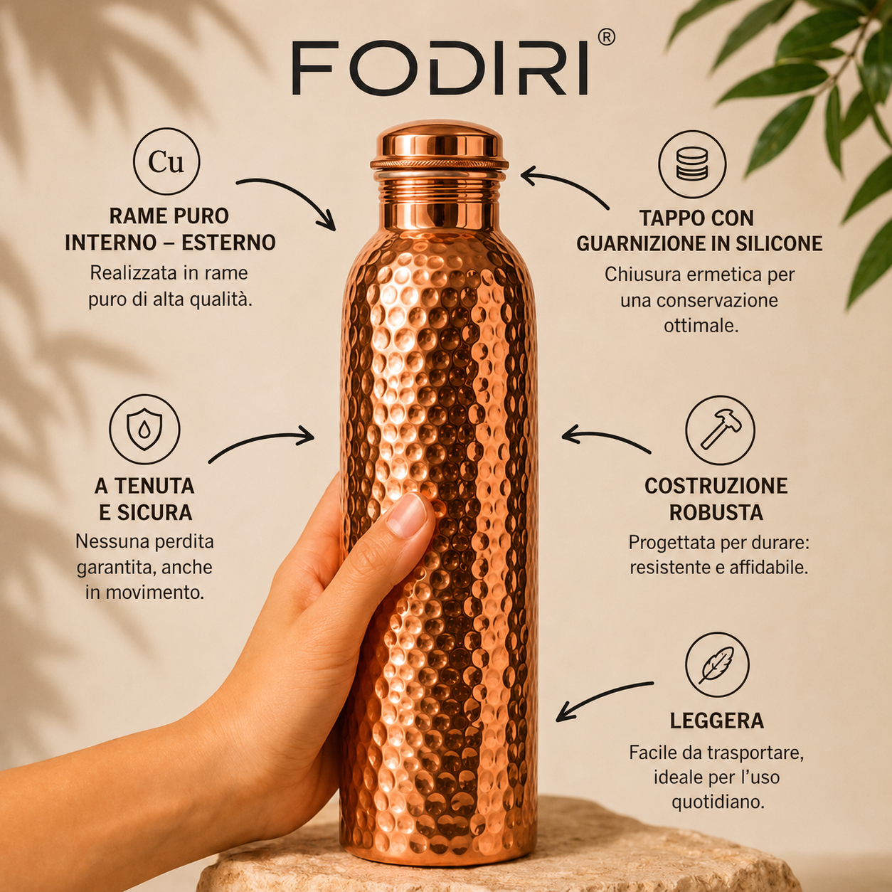 Fodiri™ Bottiglia in Rame Purissimo | Acqua Naturalmente Purificata, Senza Plastica