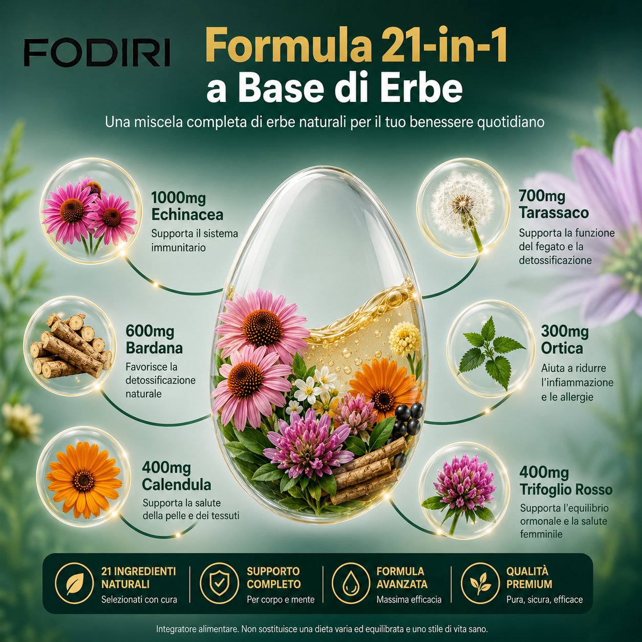 Fodirì® Drenaggio Linfatico 21 in 1 | 90 Capsule | Formula Vegetale Premium