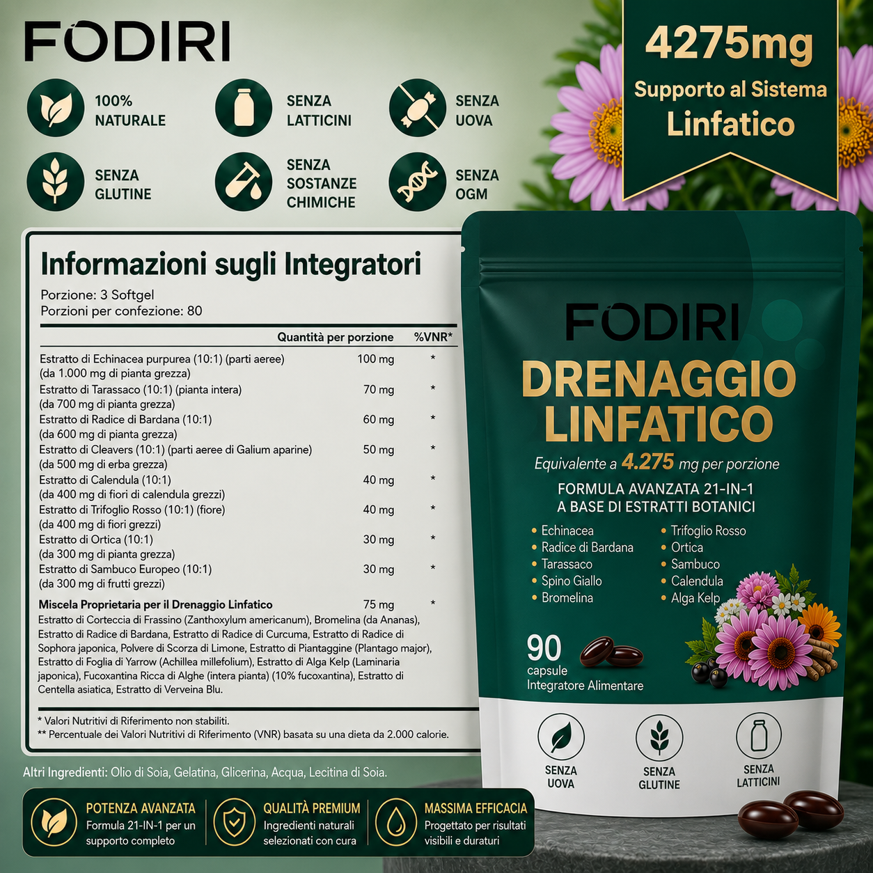 Fodirì® Drenaggio Linfatico 21 in 1 | 90 Capsule | Formula Vegetale Premium